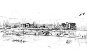 artist impression, black and white sketch of residential apartments.