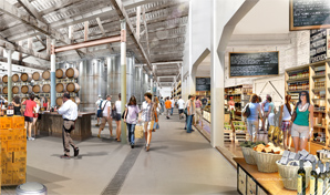 artist impression,  interior view of craft brewery bar and shops.