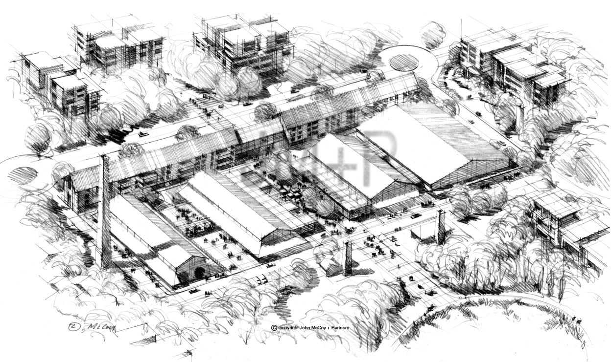 Artist impression, aerial black and white sketch of converted old brickworks.