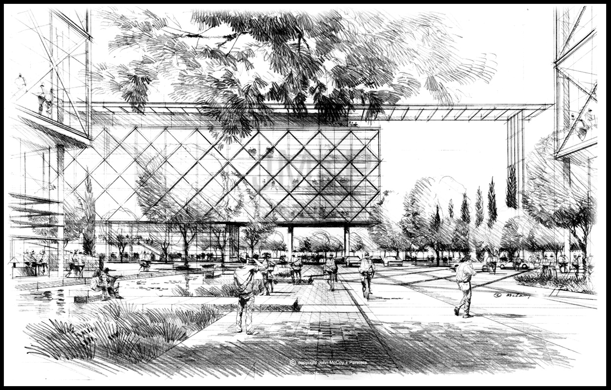 Artist Impression, black and white sketch of offices.