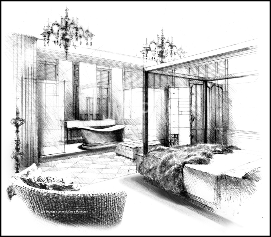 Artist impression, black and white sketch of hotel bedroom.