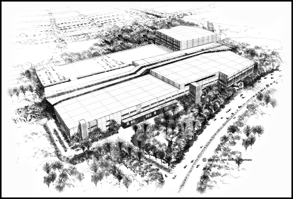 Artist impression, black and white aerial sketch of shopping centre.