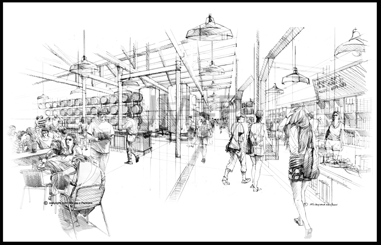 Artist impression, black and white sketch of boutique brewery and bar.