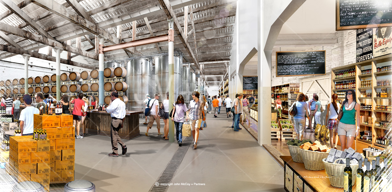 Artist impression, interior view of brewery bar and shops.