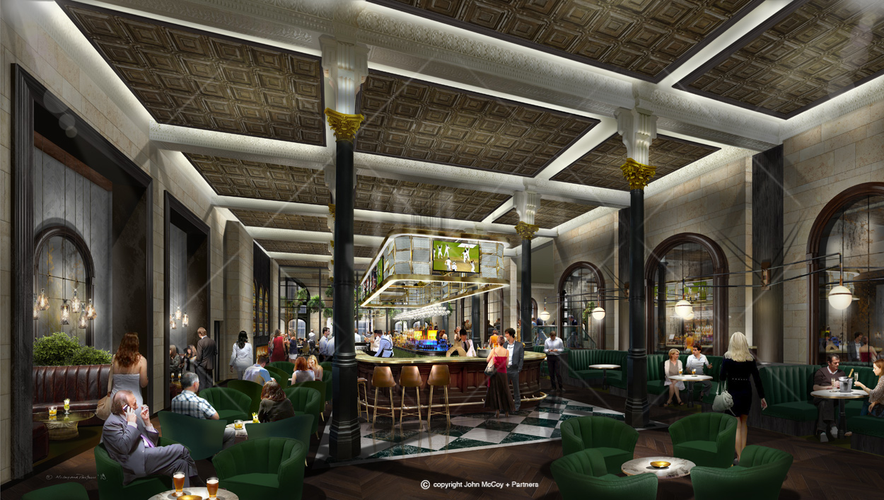artist impression, interior view of bar and people.
